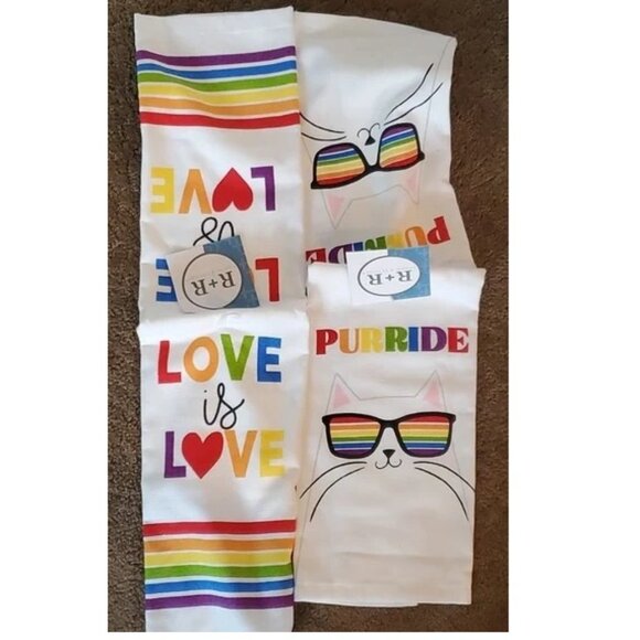 Lot of 2 Rainbow Pride Kitchen Hand Towels Love is Love Kitty Cat Purride NWT - Picture 2 of 4